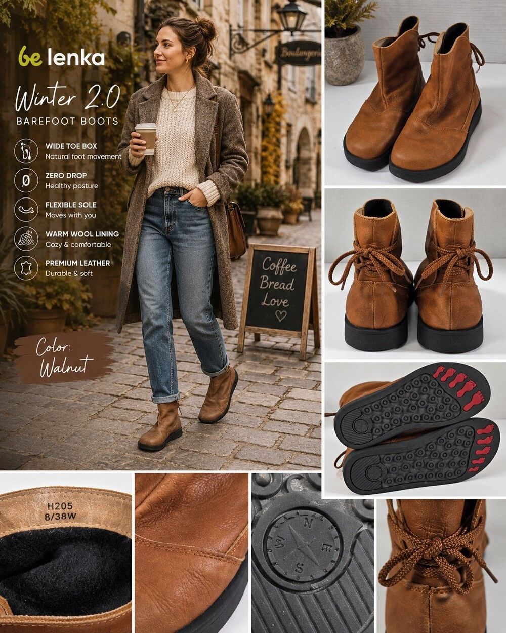 Be Lenka Winter 2.0 Barefoot Boots Women's US 8 EU 38 Wide Leather Wool Walnut
